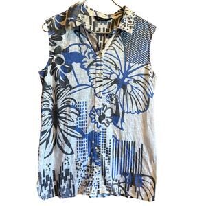 Tango Mango Sleeveless Button Collared Floral Top White Blue Black Size Large